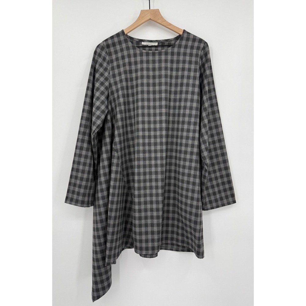 Bryn Walker Shirt XL Gray Plaid Asymmetric Hem Tunic Long Sleeve Lagenlook USA